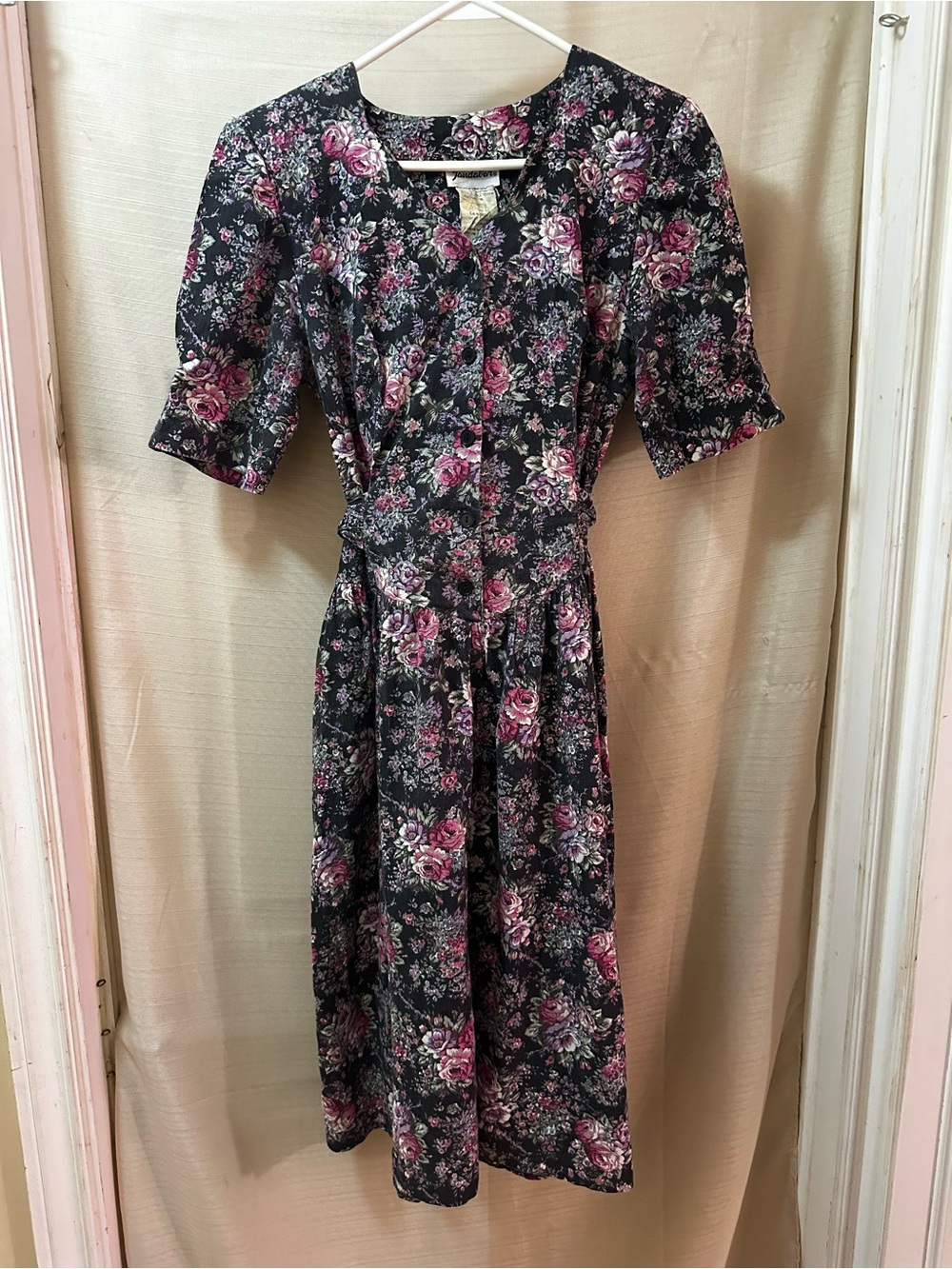 Vintage 90s Jandabar Floral Midi Dress Button Front Belted Pockets Size 10